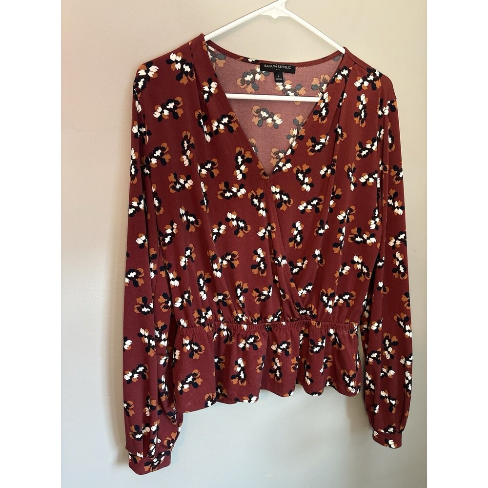 Banana Republic Women’s S Rust Earthy Long Sleeve Wrap Ruffle Peplum Blouse